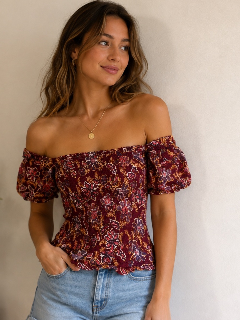 Jessica Simpson Burgundy Floral Off-Shoulder Smocked Top